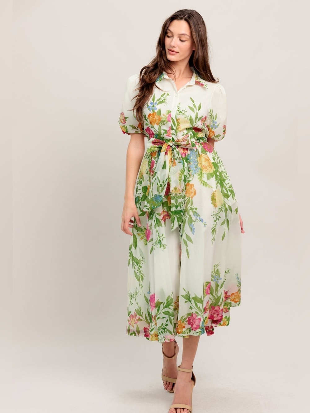Flying Tomato Midi Floral Tie-Waist Dress in Cream and Green with Bell Sleeves - Picture 5 of 16